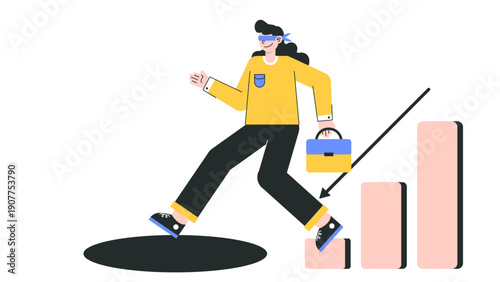 Blindfolded woman walking towards a hole with a falling down arrow chart