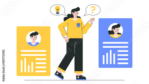 A business lady standing between two large biodata profiles comparing potential candidates for a job