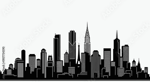 Iconic international city skyline silhouette including famous landmarks on an isolated white background, travel and urban vector.