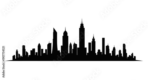 Panoramic City Skyline Silhouette with Diverse Buildings on Isolated White Background