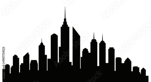 Modern City Skyline Silhouette with Tall Skyscrapers on Isolated White Background