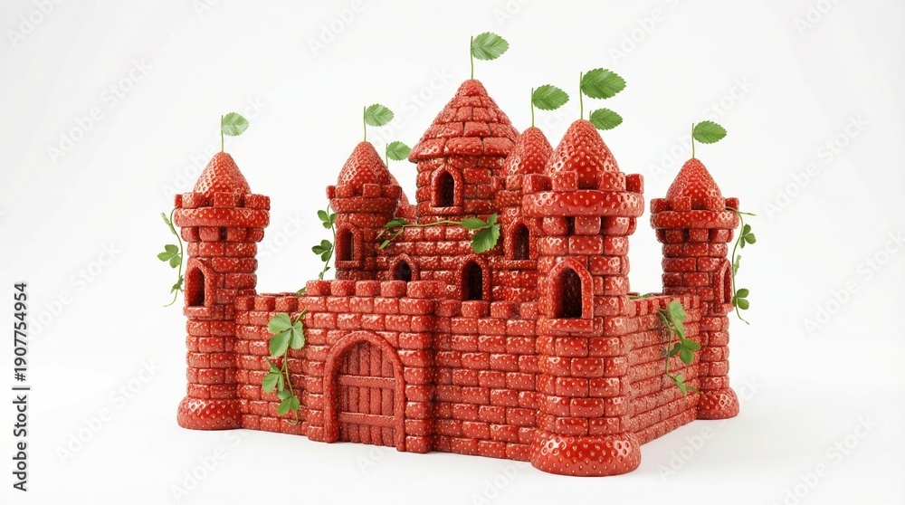 Naklejka premium Strawberry Brick Castle for Fantasy Food Architecture Branding Concept 3D Illustration