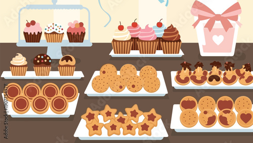 Assorted sweet treats on display at a bakery or cafe