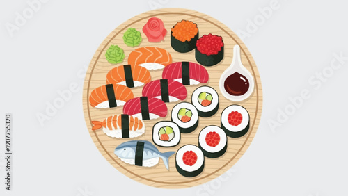 Delicious sushi platter with various rolls and sashimi