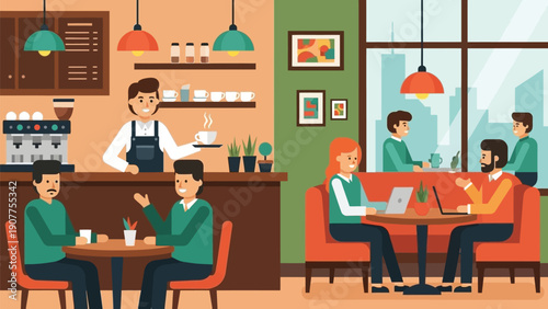 Modern coffee shop with happy people working and socializing