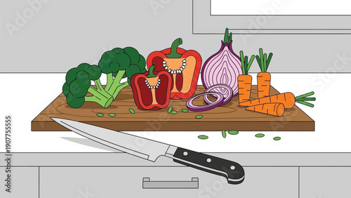 Vibrant vegetables and knife on cutting board in kitchen