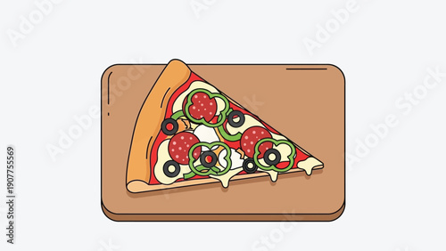 Delicious slice of pepperoni pizza on wooden plate