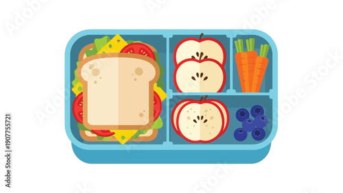 Healthy lunchbox with sandwich, fruits and vegetables