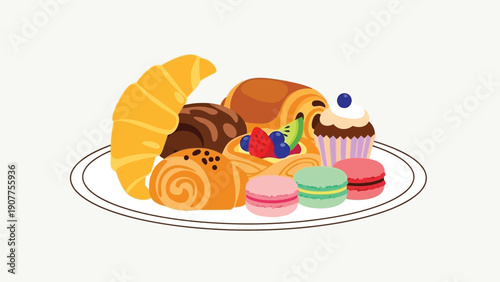 Assorted pastries and desserts on plate for breakfast or snack
