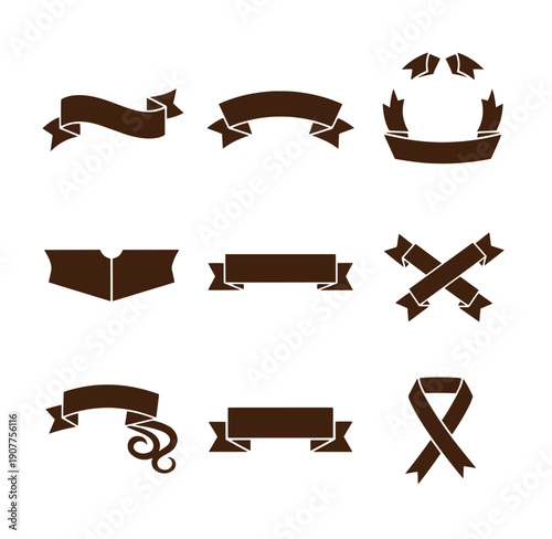 Brown ribbons and banners in various shapes and designs for decoration and labeling purposes