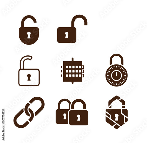 Brown security icons set including locks chain combination lock and safe  isolated on white background