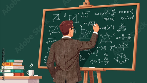 Businessman solving complex math problems on chalkboard in office