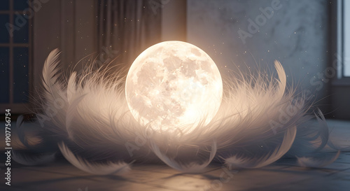 A bright celestial orb resting gently within a pile of delicate fluffy feathers on a dark floor