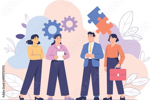 Professional business team collaborating in office with gears and puzzle pieces representing teamwork problem solving strategy and corporate success.