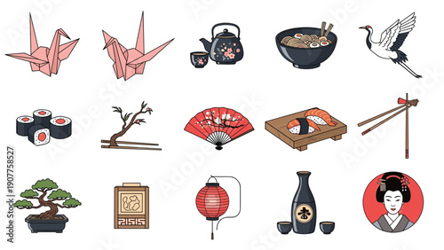 Japanese cultural symbols and traditional cuisine icons set including sushi, origami, tea, bonsai, and geisha on a white background.