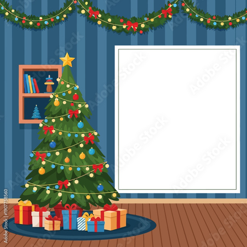 A brightly decorated Christmas tree with presents in a cozy room with a blank frame on the wall, festive garland, and a bookshelf.