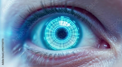 A close-up of a human eye with a blue and red iris