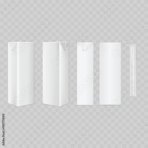 Realistic White Juice Box Mockup Set with Straw. Vector Small Milk Carton Packaging Template.
