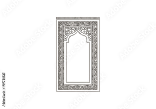 Traditional Islamic Prayer Mat with Intricate Geometric Border and Archway Design Isolated on White Background for Spiritual Devotion and Religious