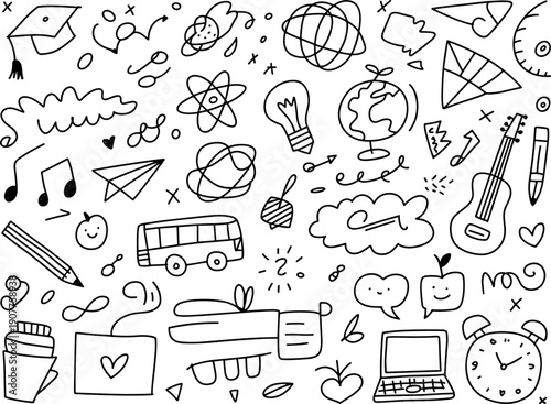 Hand drawn education doodle set with school supplies graduation cap guitar light bulb and globe icons on white background.