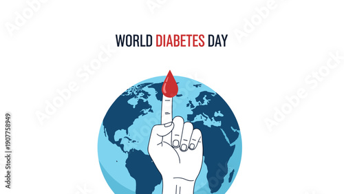 World Diabetes Day awareness concept with a hand showing a drop of blood on a finger over a dark blue globe background image.