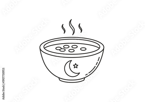 Warm Bowl Of Nourishing Food With Steam Rising Above And Crescent Moon Design On Ceramic Dish For Comforting Meal