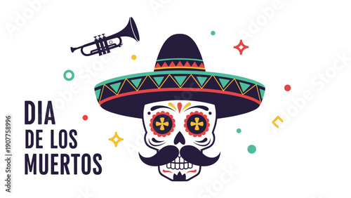 Dia de los Muertos decorative skull wearing a sombrero and mustache with a trumpet and colorful confetti on a white background.