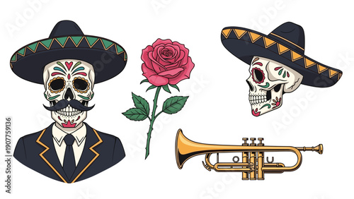 Day of the Dead decorative skull and trumpet with a single red rose representing traditional Mexican holiday celebrations.