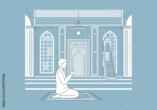 Man kneeling in prayer inside a detailed architectural interior of a place of worship with ornate decorations and soft lighting