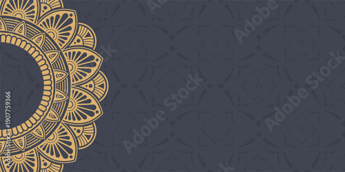 Horizontal golden mandala banner. Decorative golden color flower mandala background with place for text. Color abstract graphics. Arabic or islamic east style. Vector color illustration.
