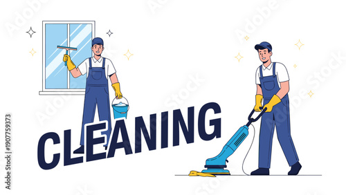 Professional cleaning service workers using a floor scrubbing machine and window squeegee to clean a bright indoor workspace.