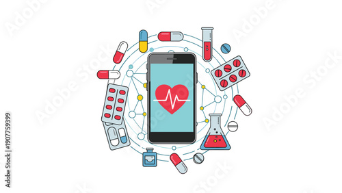 Mobile health and digital pharmacy concept with a smartphone showing heart rate surrounded by medicine pills and test tubes.