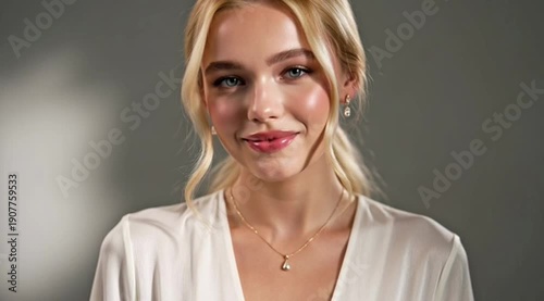 A woman wearing a white top and a necklace