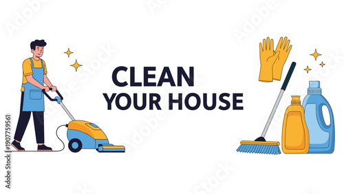 Essential house cleaning concept featuring a man using a vacuum cleaner along with various supplies like gloves detergent bottles and a broom.