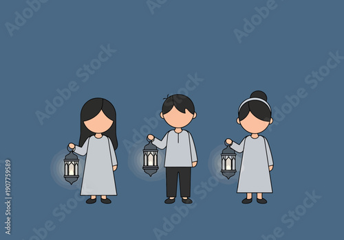 Children holding traditional lanterns in evening for festive celebration concept illustration