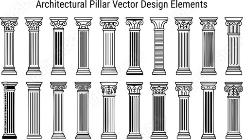 Diverse architectural pillars presented in two rows, featuring both line art and solid black classical styles