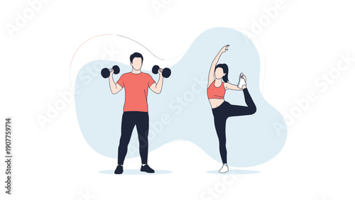 Healthy couple engaged in different fitness activities with a man lifting heavy dumbbells and a woman practicing a balanced yoga pose.