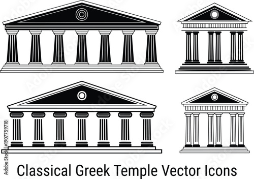 Four classical Greek temple illustrations featuring columns and pediments on a plain white background