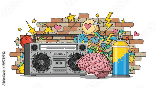 Vibrant urban street art illustration featuring a classic boombox a detailed human brain a spray paint can and various graffiti symbols.