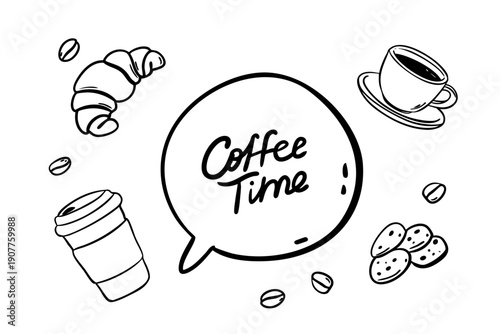 Coffee time speech bubble with espresso cup, takeaway coffee, croissant and cookies. Vector illustration in quick sketch line art style, whimsical hand drawn ink graphic for cafe menus and branding.