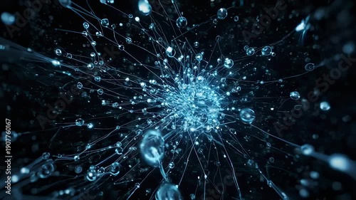 Abstract network of luminous spheres and lines radiates from a central point