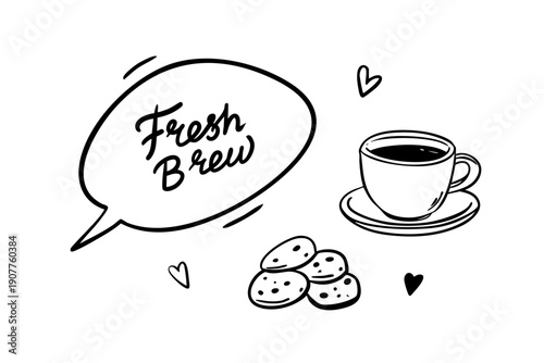 Espresso cup with cookies and fresh brew lettering. Vector illustration in quick sketch line art style, whimsical hand drawn ink graphic. Ideal for cafe menus, packaging, posters and social media.