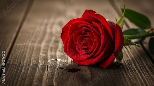 Single red rose resting on wood surface