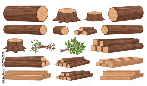SEO-Friendly Title:
Extensive Wood Materials Collection Vector Illustration with Logs, Stumps, Branches, and Timber