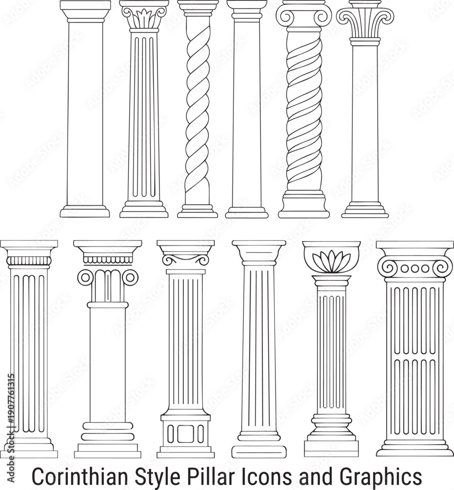 Naklejka premium A diverse collection of classical architectural pillars and columns illustrated in an outline drawing style on white