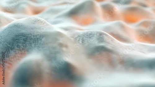 Abstract, undulating surface with textures and gradients of blue, white, and orange