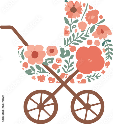 International Mother's Day Boho Chic Baby Stroller Vector Illustration with Muted Floral Pattern - Artistic Hand-Drawn Pram for Newborn Announcement, Motherhood, and Nursery Decor Projects.