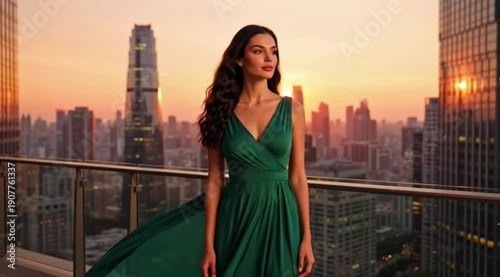 Woman in green dress standing on a balcony overlooking the city at sunset