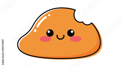 Cartoon orange dessert with a bite taken out smiling on a white background with rosy cheeks and shiny highlights.