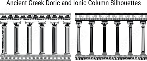 Classic black silhouettes of ancient Greek Doric and Ionic columns featuring intricate decorative friezes and bases